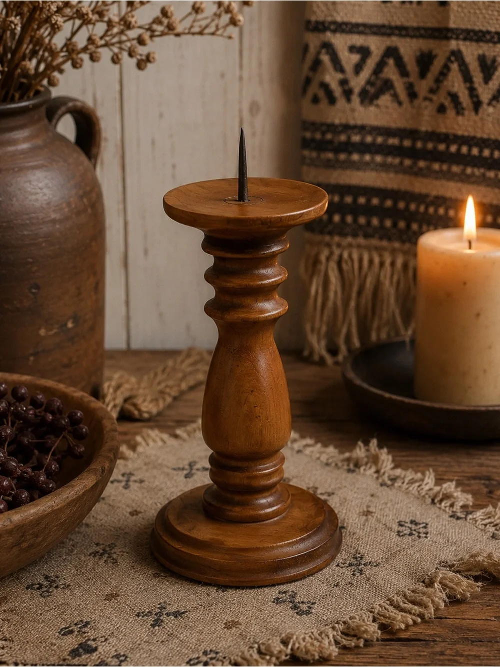 Vintage Turned Wood Chamberstick Candle Holder Rustic Primitive Farmhouse Boho